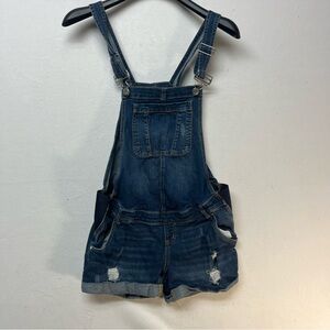 Indigo Dark Blue Distressed Denim Short Overalls